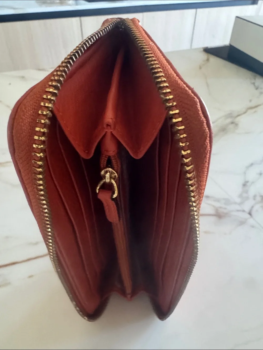 Michael Kors Brick Red Leather Zip-Around Wallet with Gold Plaque